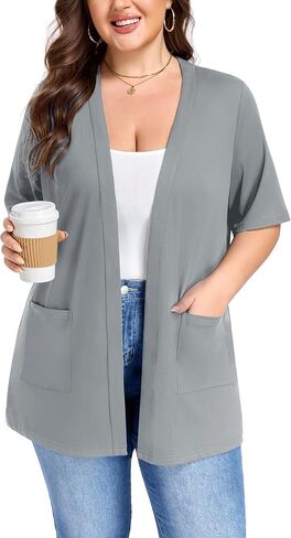 سترة صوفية نسائية بمقاس كبير بأكمام قصيرة وخفيفة الوزن كاجوال وناعمة ومفتوحة من الأمام مع جيوب in Kuwait