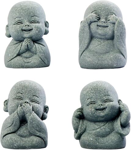 4-in-1 Laughing Buddha Statue Decor Set Small Zen Monk Sandstone Buddha Sculpture Feng Shui Ornaments for Outdoor Gardens & Indoor Meditation Rooms,Micro Landscape Decor Fish Tank Aquarium Decoration in Kuwait