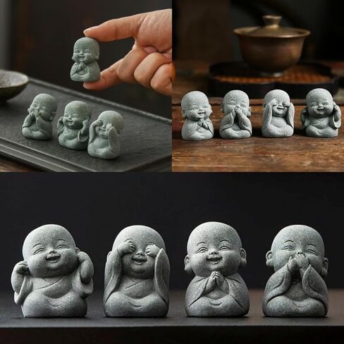 4-in-1 Laughing Buddha Statue Decor Set Small Zen Monk Sandstone Buddha Sculpture Feng Shui Ornaments for Outdoor Gardens & Indoor Meditation Rooms,Micro Landscape Decor Fish Tank Aquarium Decoration in Kuwait
