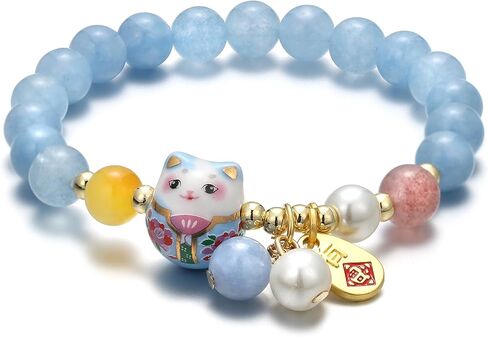 SOOWOOT Feng shui Bracelet-Lucky Cat Bracelet with Blue Crystal & CeramicCat Pendant -Feng shui Good Luck Jewelry for Women, AttractsWealth & Provides Protective Energy in Kuwait