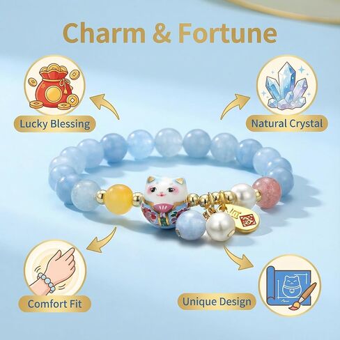 SOOWOOT Feng shui Bracelet-Lucky Cat Bracelet with Blue Crystal & CeramicCat Pendant -Feng shui Good Luck Jewelry for Women, AttractsWealth & Provides Protective Energy in Kuwait