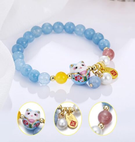 SOOWOOT Feng shui Bracelet-Lucky Cat Bracelet with Blue Crystal & CeramicCat Pendant -Feng shui Good Luck Jewelry for Women, AttractsWealth & Provides Protective Energy in Kuwait