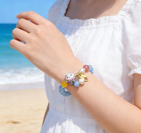 SOOWOOT Feng shui Bracelet-Lucky Cat Bracelet with Blue Crystal & CeramicCat Pendant -Feng shui Good Luck Jewelry for Women, AttractsWealth & Provides Protective Energy in Kuwait