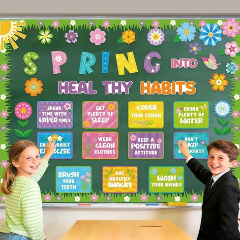 Spring Bulletin Board Decorations Healthy Habits Poster Spring Flower Cutouts with Butterfly and Plants for School Office Home Chalkboard Wall Door Decor in Kuwait