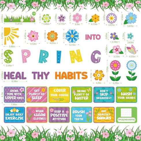 Spring Bulletin Board Decorations Healthy Habits Poster Spring Flower Cutouts with Butterfly and Plants for School Office Home Chalkboard Wall Door Decor in Kuwait
