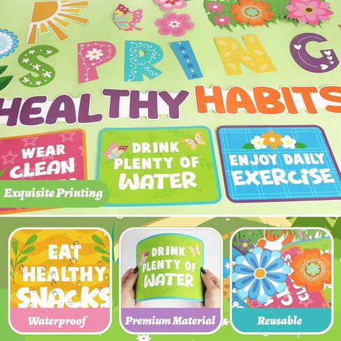 Spring Bulletin Board Decorations Healthy Habits Poster Spring Flower Cutouts with Butterfly and Plants for School Office Home Chalkboard Wall Door Decor in Kuwait
