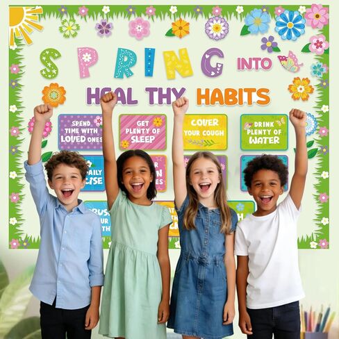 Spring Bulletin Board Decorations Healthy Habits Poster Spring Flower Cutouts with Butterfly and Plants for School Office Home Chalkboard Wall Door Decor in Kuwait