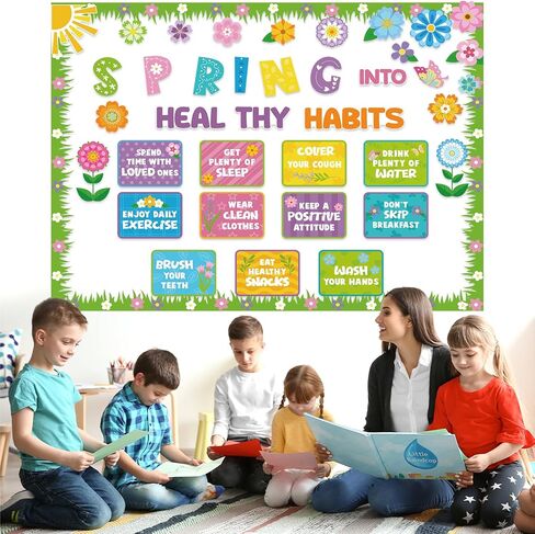 Spring Bulletin Board Decorations Healthy Habits Poster Spring Flower Cutouts with Butterfly and Plants for School Office Home Chalkboard Wall Door Decor in Kuwait