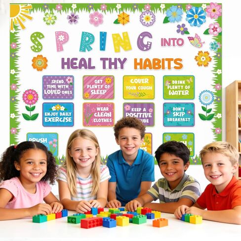 Spring Bulletin Board Decorations Healthy Habits Poster Spring Flower Cutouts with Butterfly and Plants for School Office Home Chalkboard Wall Door Decor in Kuwait