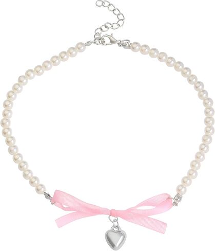 Pink Bow Choker Necklace Pearl Beaded Bow Necklace Boho Heart Pendant Necklace Coquette Bow Necklace Jewelry for Women in Saudi Arabia
