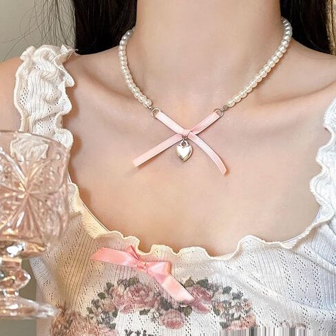 Pink Bow Choker Necklace Pearl Beaded Bow Necklace Boho Heart Pendant Necklace Coquette Bow Necklace Jewelry for Women in Saudi Arabia