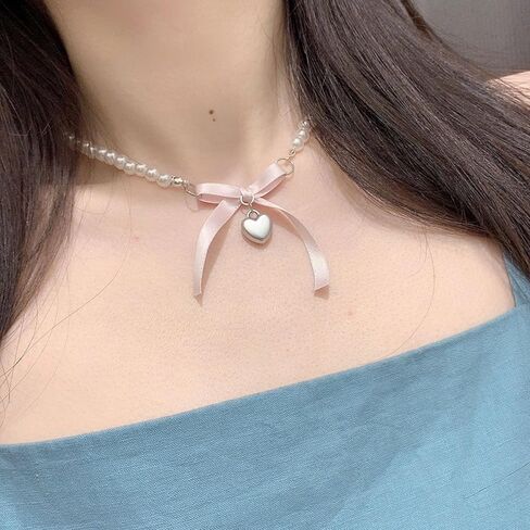 Pink Bow Choker Necklace Pearl Beaded Bow Necklace Boho Heart Pendant Necklace Coquette Bow Necklace Jewelry for Women in Saudi Arabia