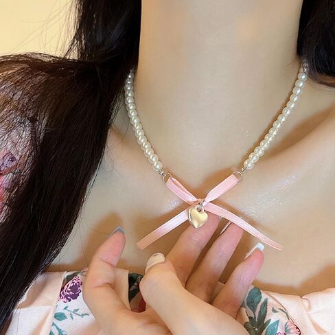 Pink Bow Choker Necklace Pearl Beaded Bow Necklace Boho Heart Pendant Necklace Coquette Bow Necklace Jewelry for Women in Saudi Arabia