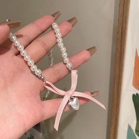 Pink Bow Choker Necklace Pearl Beaded Bow Necklace Boho Heart Pendant Necklace Coquette Bow Necklace Jewelry for Women in Saudi Arabia
