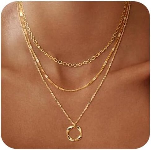 قلادات بطبقات مطلية بالذهب عيار 14 قيراط للنساء، مجموعات قلادات سلسلة أنيقة قابلة للتكديس، قلادة بطبقات وقلادة عصرية مجوهرات in Kuwait