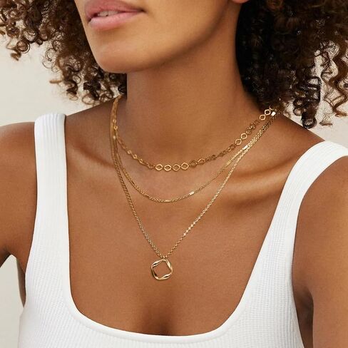 قلادات بطبقات مطلية بالذهب عيار 14 قيراط للنساء، مجموعات قلادات سلسلة أنيقة قابلة للتكديس، قلادة بطبقات وقلادة عصرية مجوهرات in Kuwait