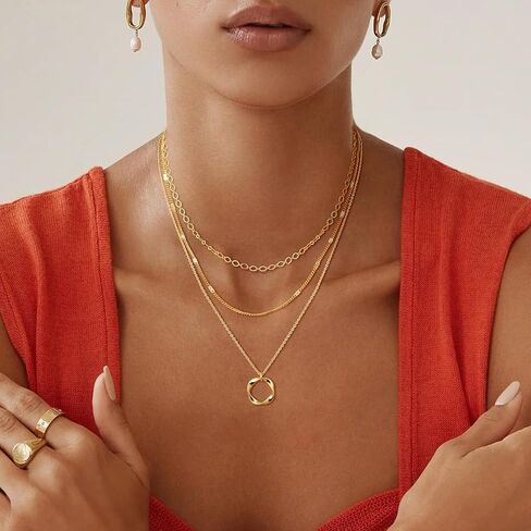 قلادات بطبقات مطلية بالذهب عيار 14 قيراط للنساء، مجموعات قلادات سلسلة أنيقة قابلة للتكديس، قلادة بطبقات وقلادة عصرية مجوهرات in Kuwait