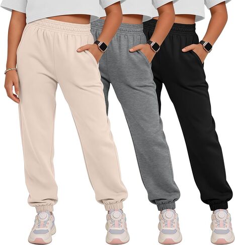 مجموعة من 3 سراويل رياضية للفتيات للركض، سراويل رياضية للأطفال بخصر مطاطي مع أساور للكاحل، كاجوال مع جيوب، 5-14 سنة in Kuwait