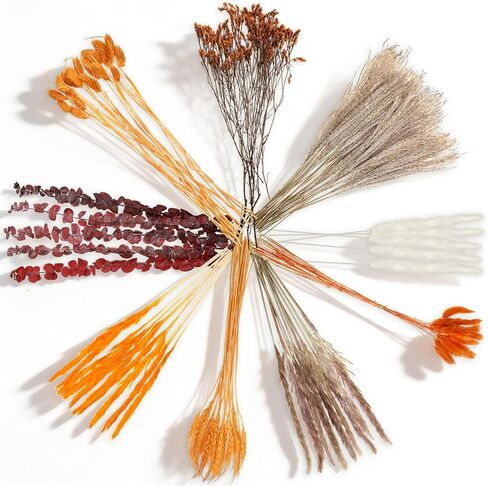 120 Pcs Natural Dried Pampas Grass Fall Decor 17 Inches Autumn Fluffy Orange Grass Bouquet Eucalyptus Boho Decor for Vase Wedding Floral Room Home Party Table Centerpieces Decorations in Kuwait