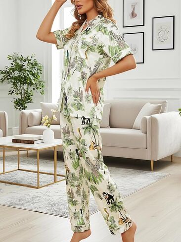 Satin Pajama Set for Women, Soft Silk Feel 2-Piece Loungewear with Button-Up Shirt and Pants, Animal Print Comfortable in Kuwait