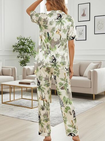 Satin Pajama Set for Women, Soft Silk Feel 2-Piece Loungewear with Button-Up Shirt and Pants, Animal Print Comfortable in Kuwait