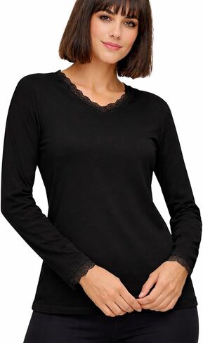 VAVONNE Long Sleeve Cotton Tops for Women, Lace V-Neck T Shirts, Underscrub Tee in Kuwait