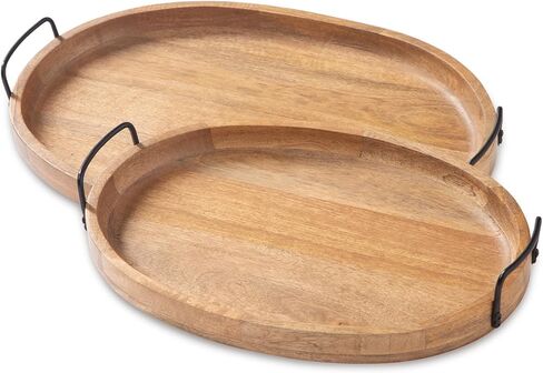 تصميم مميز من آشلي جوسلين، طقم صينية خشبية مكونة من قطعتين بمقابض معدنية، بني in Kuwait