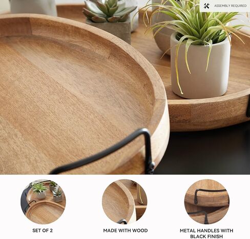 تصميم مميز من آشلي جوسلين، طقم صينية خشبية مكونة من قطعتين بمقابض معدنية، بني in Kuwait