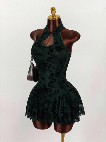 Verdusa Women's Floral Mandarin Collar Dress Ruffle Cut Out Mini Halter Dresses Rave Date Night Outfits in Saudi Arabia