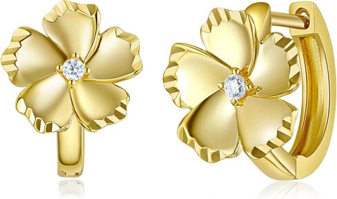 Wellingsale Ladies 14k Yellow Gold Polished CZ Flower Huggies Hoop Earrings in Saudi Arabia