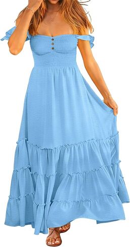 ANRABESS Womens Summer Casual Off The Shoulder Maxi Long Dress 2026 Smocked Ruffle Strap Backless Flowy Tiered Beach Sundress in Saudi Arabia