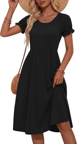 فستان شمس نسائي صيفي متوسط ​​الطول من HUHOT بأكمام منتفخة وياقة دائرية وجيوب 2026 in Kuwait