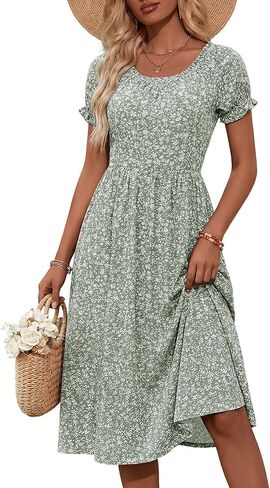 HUHOT Women Summer Floral Midi Sundress with Puff Sleeves Sretchy Crew Neck with Pockets 2026 in Saudi Arabia