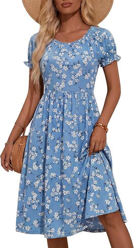 HUHOT Women Summer Floral Midi Sundress with Puff Sleeves Sretchy Crew Neck with Pockets 2026 in Saudi Arabia