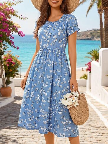 HUHOT Women Summer Floral Midi Sundress with Puff Sleeves Sretchy Crew Neck with Pockets 2026 in Saudi Arabia