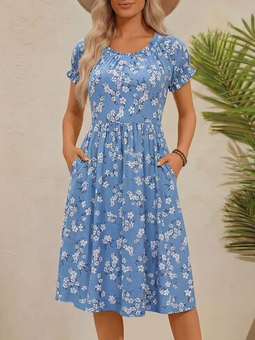 HUHOT Women Summer Floral Midi Sundress with Puff Sleeves Sretchy Crew Neck with Pockets 2026 in Saudi Arabia