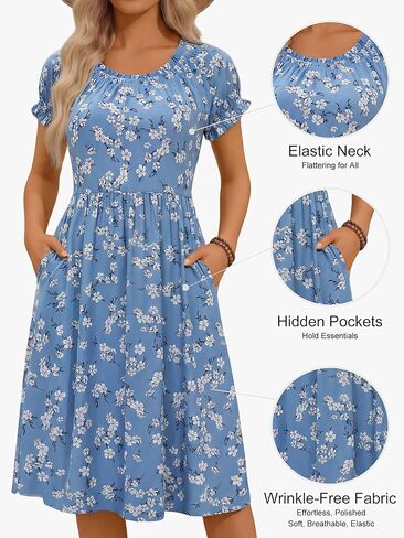 HUHOT Women Summer Floral Midi Sundress with Puff Sleeves Sretchy Crew Neck with Pockets 2026 in Saudi Arabia