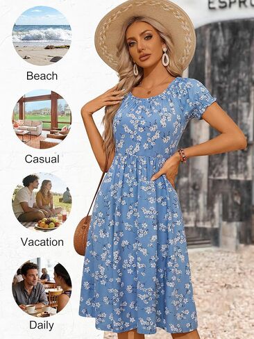 HUHOT Women Summer Floral Midi Sundress with Puff Sleeves Sretchy Crew Neck with Pockets 2026 in Saudi Arabia