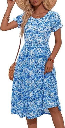 HUHOT Women Summer Floral Midi Sundress with Puff Sleeves Sretchy Crew Neck with Pockets 2026 in Saudi Arabia