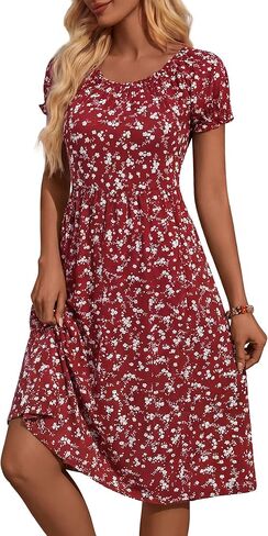 HUHOT Women Summer Floral Midi Sundress with Puff Sleeves Sretchy Crew Neck with Pockets 2026 in Saudi Arabia
