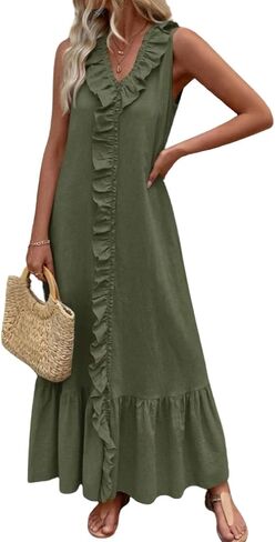 chouyatou Women's Summer Beach Cotton Tank Dress Linen Boho Sleeveless Tiered Ruffle Maxi Long Sundress in Saudi Arabia