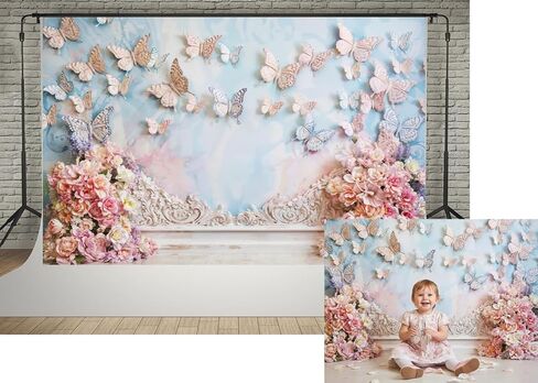 كيت 7x5ft الأطفال حفلة عيد ميلاد صورة خلفية دريم وورلد فراشة الجدار الوردي الزهور الديكور استحمام الطفل التصوير الخلفيات in Saudi Arabia