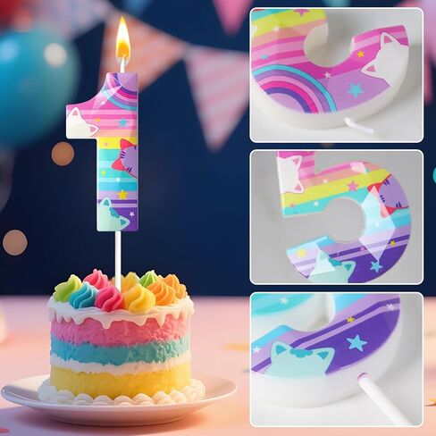 شمعة عيد ميلاد على شكل قطة قوس قزح من مينيو، غلاف كعكة ملون بتصميم قطة ونجمة، مثالية لاحتفالات أعياد الميلاد، ديكور احتفال بطابع القطة (1) in Kuwait