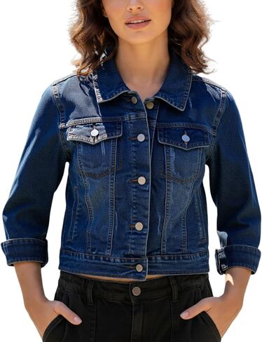 MINTLIMIT Women's Cropped Denim Jacket 2025 Lapel Jean Coat Button Trendy 3/4 Sleeve Stretch Short Plus Size Denim Jacket in Saudi Arabia