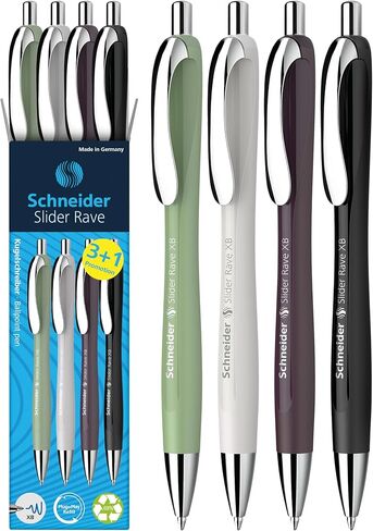 Schneider Limited Trend Edition Slider Rave XB (Extra Broad) Ballpoint Pen, Refillable + Retractable, 1.4 mm, Special Assortment Barrels, Blue Ink, Promo Box of 4 Pens (132684) in Saudi Arabia
