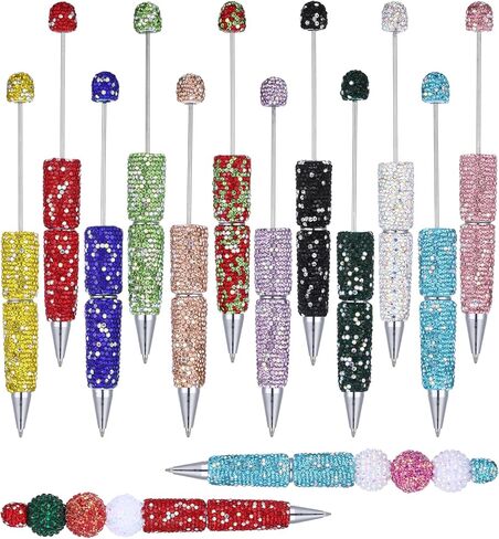 12 Pcs Beadable Pens, Glitter Full Rhinestone Beaded Pens, DIY Craft Fancy Ballpoint for Crystal, Plastic, Rhinestones Beads, Cute Trendy School Office Supplies for Girls and Women Gifts in Kuwait