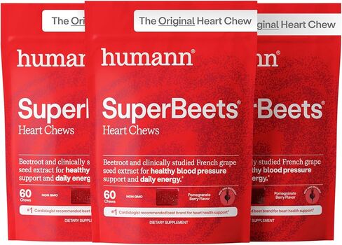 humanN SuperBeets Heart Chews, Nitric Oxide and Blood Pressure Support, Grape Seed Extract & Non-GMO Beet Root Powder Energy Chews, Super Beets Heart Chews, Pomegranate Berry Flavor, 180 Count in Kuwait