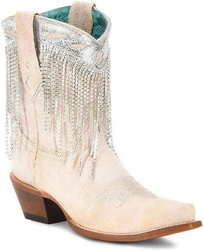 CORRAL LADIE'S WHITE-SILVER OVERLAY & EMBROIDERY & CRYSTALS ANKLE BOOT, LEATHER SOLE, COWHIDE LEATHER, URBAN BOOTS, Z5250 in Saudi Arabia