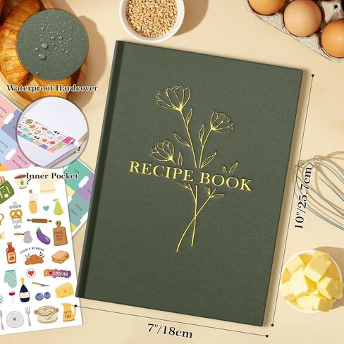 Lanpn Blank Recipe Book Cookbook to Write in Your Own Recipes, Waterproof B5 Empty Cooking Journal for 120 Recipes, Leather Cover Recipe Notebook with Stickers to Organize Your Family Recipes, Green in Saudi Arabia