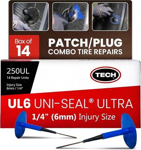 TECH UL6 Uni-Seal Ultra Tire Repairs - One-Piece Stem and Cap Tire Patch Plug for Punctures up to 1/4" (6mm), Permanent Seal for All Types of Tires, Easy-to-Use & Efficient Repair Solution, Box of 14 in Kuwait